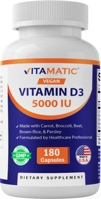Vitamatic 비건 비타민 D3 5000 IU - 당근 비트 브로콜리 현미 파슬리 함유 - 180 캡슐, 1개, 180회분