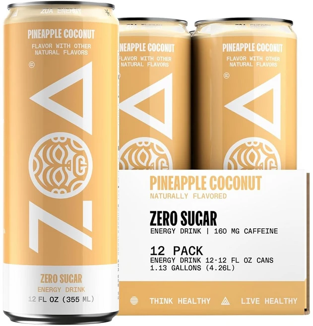 ZOA 제로 슈가 에너지 음료 트로피컬 펀치 - 전해질이 함유된 무설탕 건강한 비타민 C 아미노산 필수 B-비타민 및 녹차 카페인 16 Fl Oz (12팩), Pineapple Coconut - 쿠팡