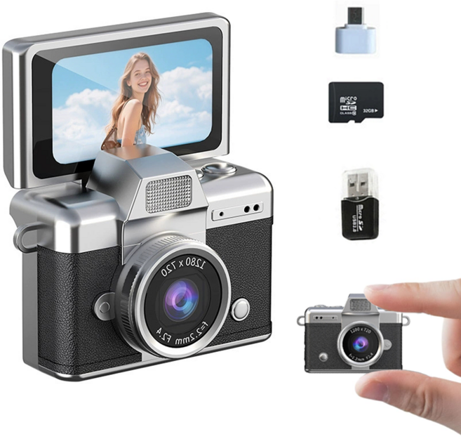 SMABAT 휴대용 y2k 빈티지 디지털 카메라 레트로 감성 카메라 초소형 초경량 카메라 키링용 SD카드 포함, 블랙