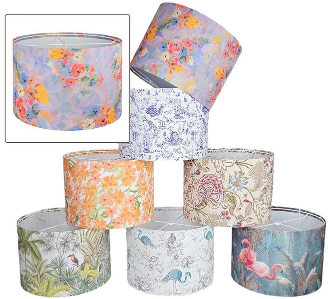 Royal Designs Inc. 트로피컬 드럼 램프 갓 테이블 및 플로어 램프용 플로라 컬렉션 30.5 x 21.6cm(12 12 8.5인치) - 쉬운 조립 열대 보, 퍼플 플로럴, 14 x 14 x 9