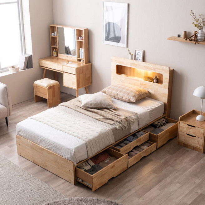 [삼익가구]러버 LED 4단 수납 원목 침대(YS 7존 독립스프링 매트리스-슈퍼싱글), 내추럴