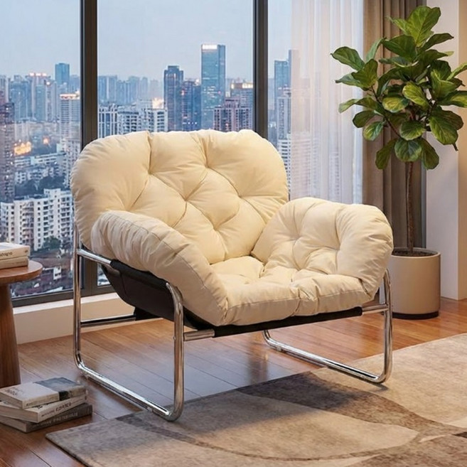 BCQ 1인용 릴렉스 라운지 소파 체어 쿠션형 편안한 안락의자 거실 발코니 독서 의자, 1인 소파 [펄 화이트 스테인리스 프레임]