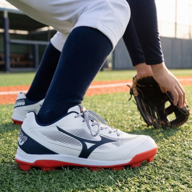 미즈노 유소년 포인트 인조잔디 야구화 청소년 내야 외야 그라운드 필드 운동화 트레이닝 화이트 네이비 레드