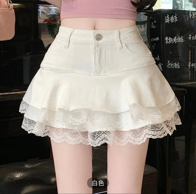 蕾絲拼接牛仔半身裙 高腰顯瘦A字蛋糕短裙