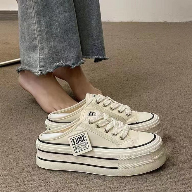 자칠 여성용 캔버스 하프 슬리퍼 여름 외출 가능 두툼한 굽 키높이 뒷굽 레이지 슬리퍼