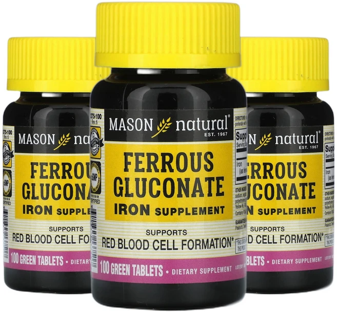 메이슨내추럴 철분 Iron 아이언 글루콘산염 녹색채소 100정1정당 27mg 2+1, 3개, 100회분 - 쿠팡