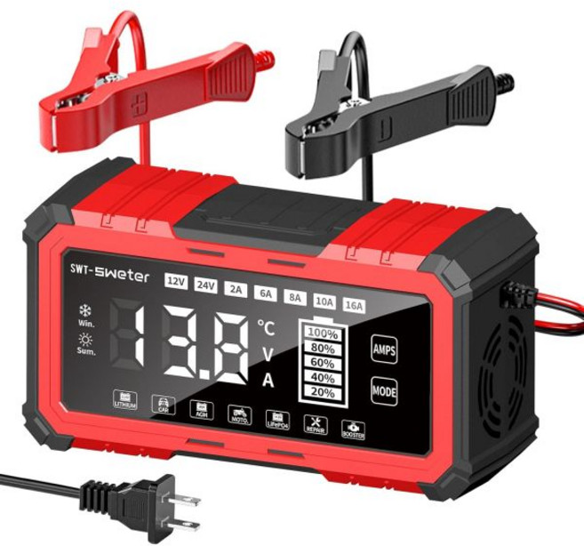 SWT스웨터 16A 스마트 자동차 배터리 충전기 12V/24V 유지보수기 및 탈황기 200초 부스터 모드 포함 12.6V 리튬이온 LFePO4 AGM 겔 납산 호환 트럭, SWT스웨터 16A 스마트 자동차 배터리 충전기 12V
