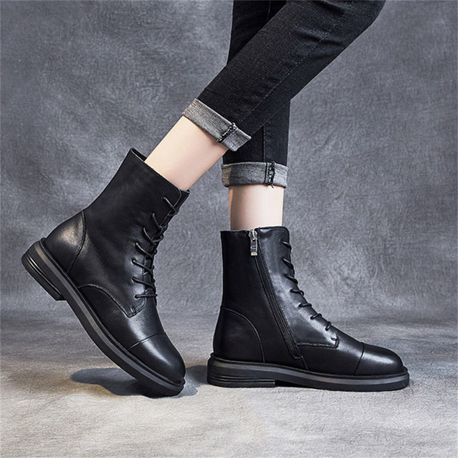 TKX 여성 워커 가을 겨울 가죽 캐주얼 스타일 귀여운 레이스업 부츠 라운드토 KW81