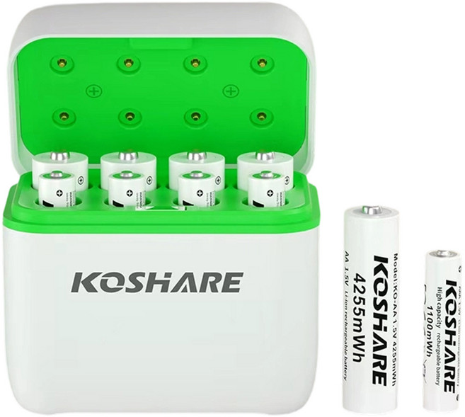 KOSHARE 8구 슬롯 스마트 배터리 충전기 +AA 4255mWh /AAA 1100mWh 건전지 세트 KS-L812, 1개