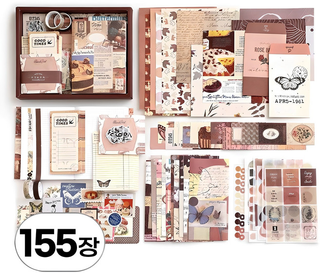 대용량 세트 빈티지 다꾸 스티커 메모지 배경지 패키지 레트로 스타일 키치 감성 sticker 팩 인스 용품 다이어리 꾸미기 조각 씰 스티커북, R99803B(B-1 155장, 1세트