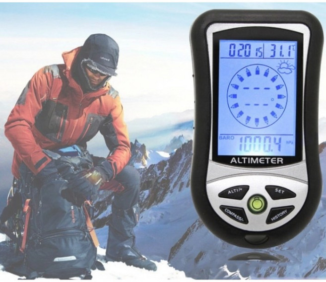8 in 1 디지털 고도계 기압계 온도계 나침반 - LCD 백라이트 등산용 다기능 휴대 장비, 1개, 실버+블랙