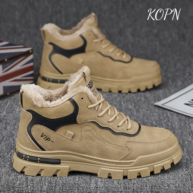 KOPN라지 겨울 가죽면 기모 두꺼운 남성 부츠 백합 두꺼운 바닥 보온 부츠 캐주얼 남성 신발 기모 두꺼운 면 신발