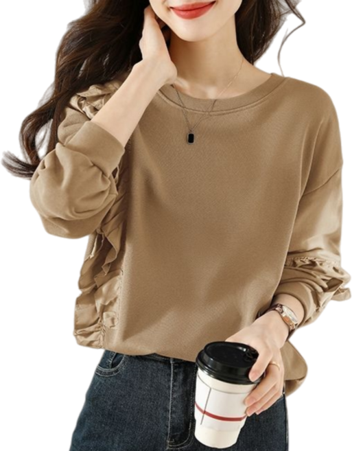 Makone 여성 가을 겨울 라운드넥 프릴 패치 엘리강스 맨투맨 티셔츠