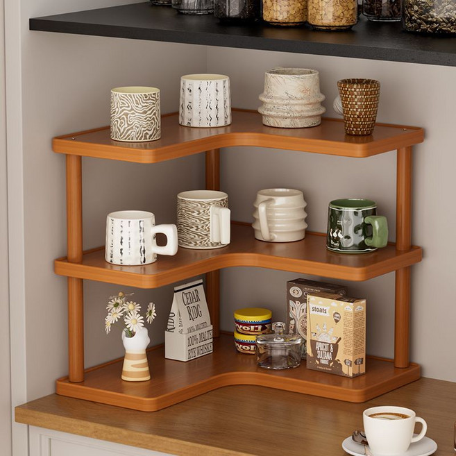 ORZQU 다용도 주방 다층의 진열대 컵정리대 원목 수납 선반, 1개, 사진색