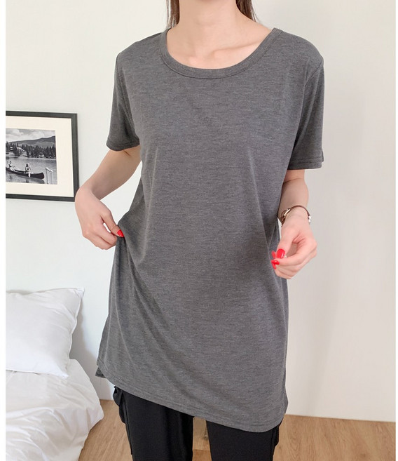 큐니티 여성 루즈핏 레이어드 옆트임 힙커버 박시 무지 롱 반팔 티셔츠