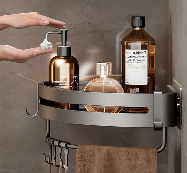 [스마트박스]무타공 욕실 수납선반 화장실 벽걸이 수건 벽 모서리 삼각바구니 샴푸 린스 바디워시 수납 코너선반, 1개, 봉,걸이 모두 포함