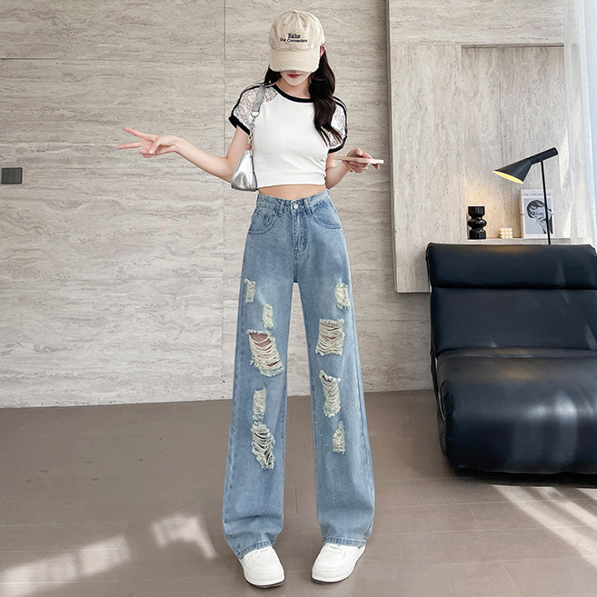 SAHINER 여성 데님 와이드 청바지 하이웨스트 찢어진 스트릿룩 BPD16
