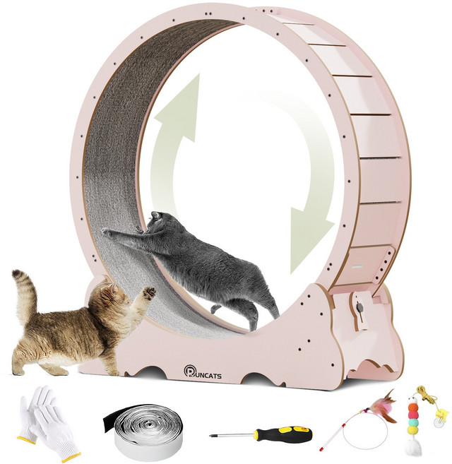 런캣 캣휠 롤러 실내사용 고양이 운동훈련 헬스 캣휠 원목색 다양한, S, 분홍색, 1개