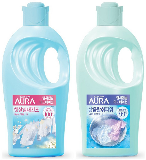 아우라 탈취캡슐 햇살실내건조 뽀송 코튼향 1L + 삶음탈취파워 상쾌한플로럴향 1L, 2개