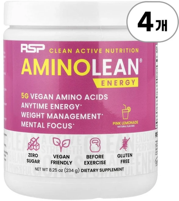 RSP 뉴트리션 아미노린 에너지 핑크 레모네이드 RSP Nutrition AminoLean® Energy Pink Lemonade 234g, 4개 - 쿠팡