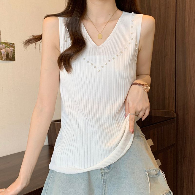 Makone 여성 V넥 솔리드 자카드 진주장식 쿨 니트 펀칭 슬리브리스 심플 캐주얼 민소매 티셔츠