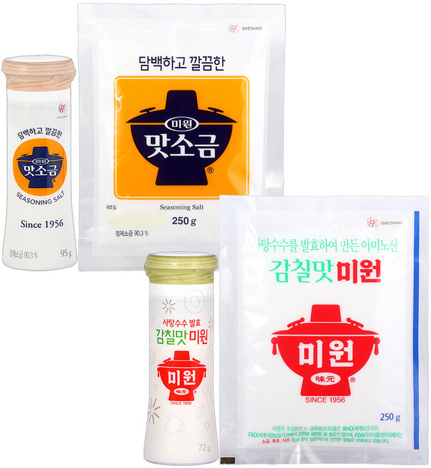 청정원 맛소금95g(용기형)+맛소금250g(봉지형)+감칠맛미원72g(용기형)+감칠맛미원250g(봉지형) 1세트, 667g