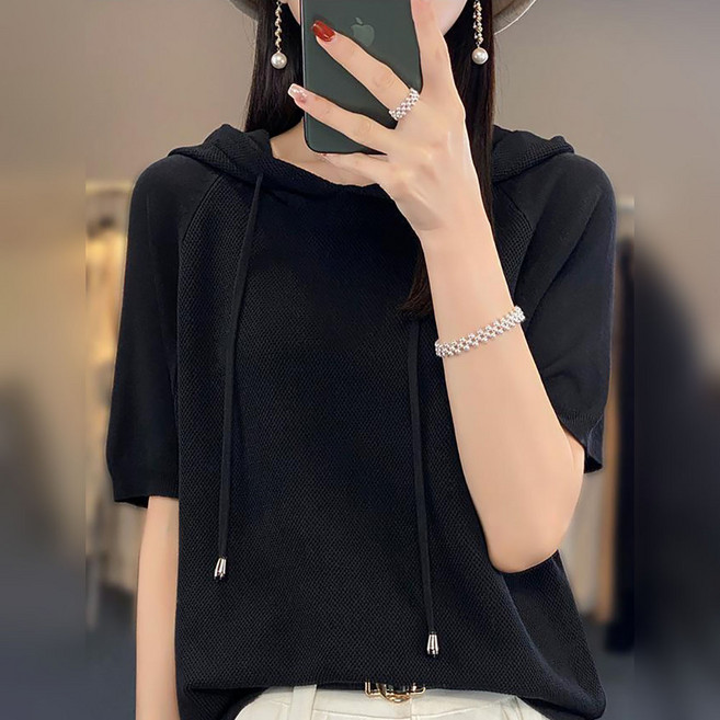 IWMAFT 여성 여름 후드 반팔 니트 티셔츠 캐주얼 루즈핏 탑 FC482