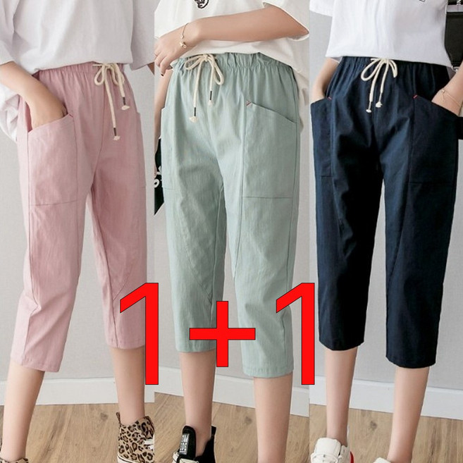 픽벤 여름 여성 7부 면 바지 코튼린넨 밴딩 팬츠 1+1