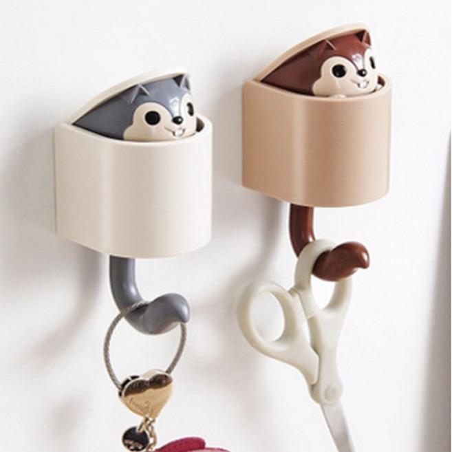 싱글 다람쥐 홀더 현관 주방 욕실 무타공 고리 강력접착 벽걸이 마스크걸이 벽후크 고리, 브라운, 1개