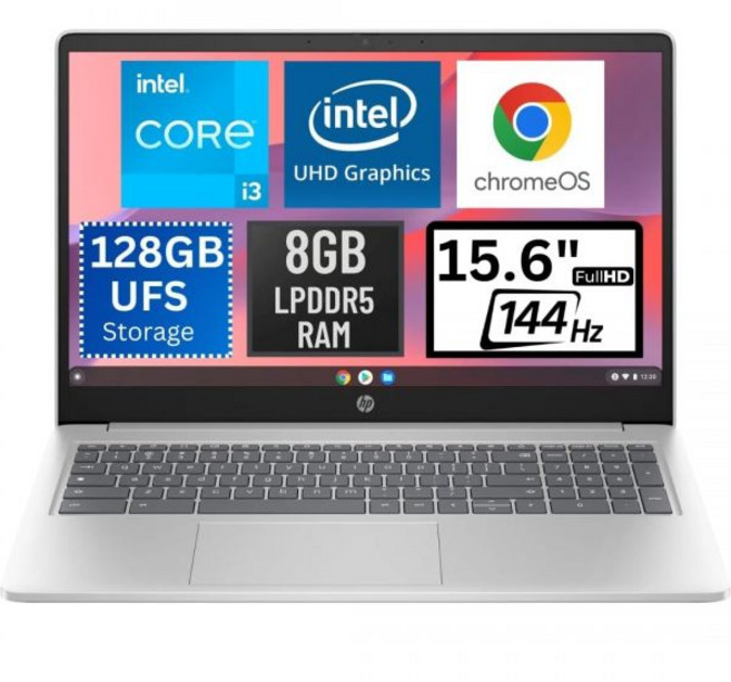 HP 크롬북 플러스 15.6인치 15a-nb0003ca FHD 노트북 144Hz IPS 디스플레이 인텔 코어 i3-N305 8GB LPDDR5 RAM 128GB UFS, 8GB | 128GB Storage