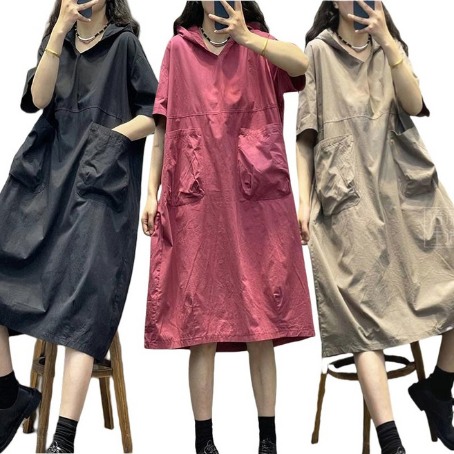 (대박난) 빅사이즈 여성 후드 미디 솔리드 원피스 여름 편한 블랙 베이직 핏 예쁜 반팔 박스 날씬해보이는 주머니있는 캐쥬얼 데일리룩 a라인 날씬해 플레어 패션 외출용 스커트