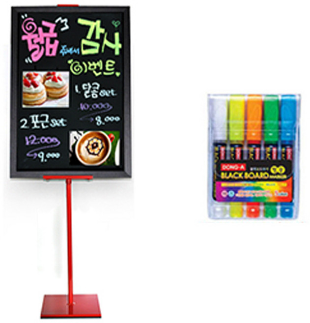 (주)대상플러스 자석 블랙보드+5색마카+원폴이젤 레드, 동아5색마카+원폴이젤 레드