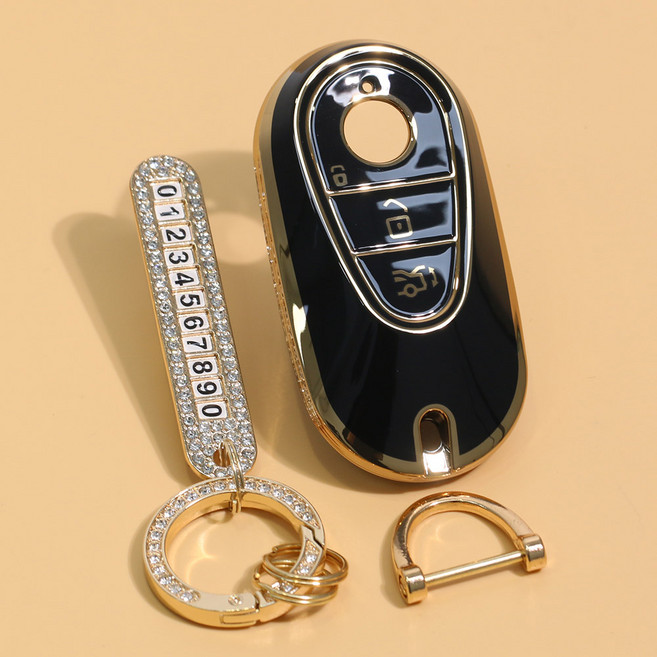 벤오토 벤츠 3버튼 자동차 스마트키 케이스 세트, JH-BC, 블랙