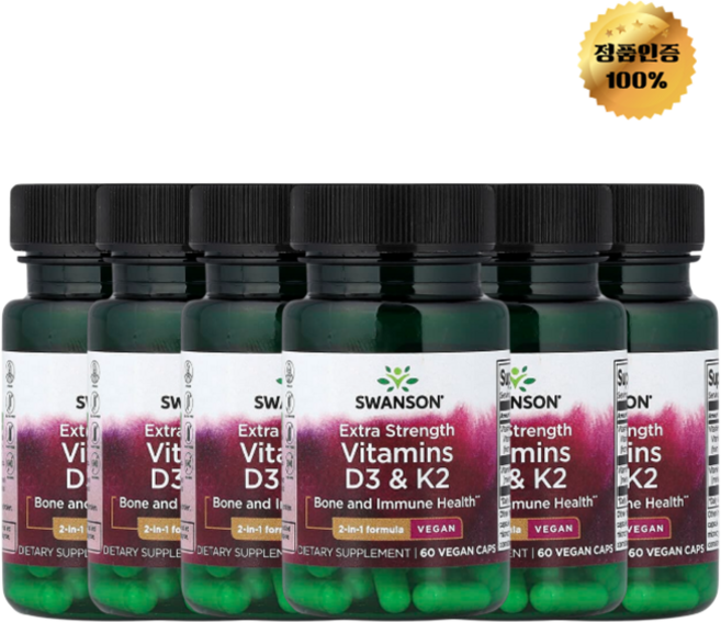 3+3 스완슨 비타민D3 비타민K2 엑스트라 강도 베지 캡슐 60정, 6개