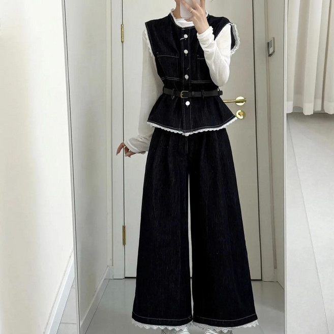 COSYEVNO 여성 춘추 러운 레이스패치조끼+와이드팬츠 투피스 LFHnstz-8