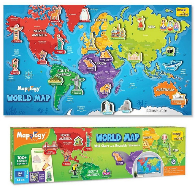 Imagimake Mapology 미국 및 세계 지도 퍼즐 깃발 수도 스티커 포함 | 만 5-7세 교육용 장난감 8-10세 아동용 직소 퍼즐 8-13세용 지리 6세 남아, 7. World Map Chart