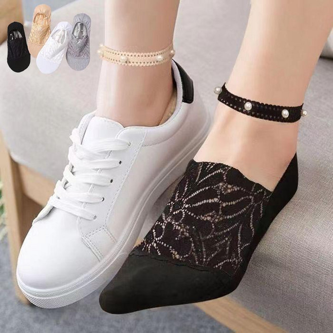 여성 패션양말 벗겨지지않는 덧신 뮬 슬링백 발등레이스 진주 페이크삭스 4켤레세트