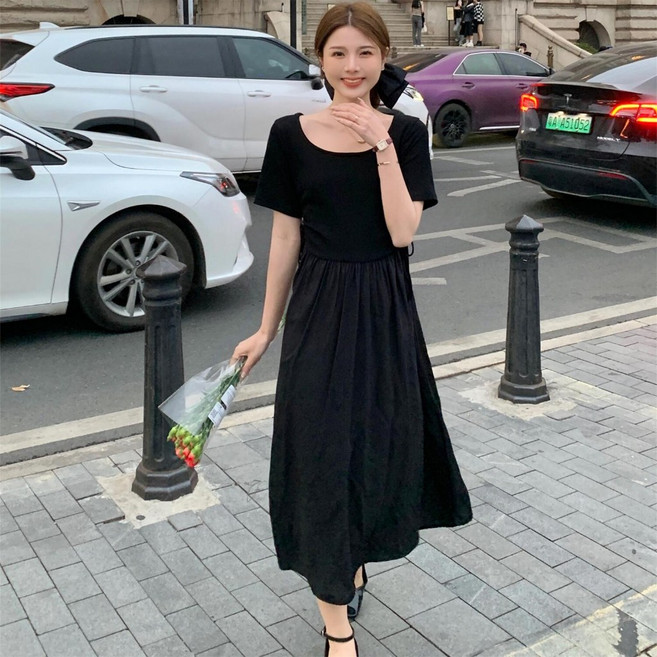 ANNE 短袖條紋拼接黑色長裙洋裝, 黑,L