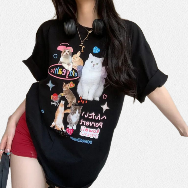 지니마켓25 비침걱정 NO 탄탄한 헤비웨이트 면220g 고양이 그래픽 반팔 티셔츠