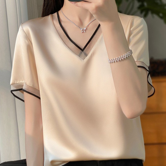 AOKADA 여성 딥 브이넥 오버핏 반팔티 찰랑 이너티 면티 루즈핏 흰티 여성티여성 새틴 시스루 브이넥 반팔 셔츠 아이스 실크 루즈핏 블라우스