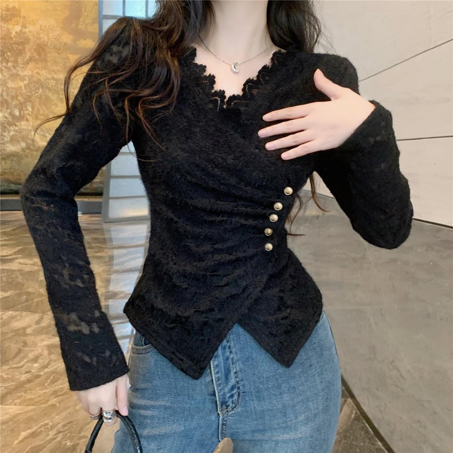 COSYEVNO 여성 춘추 레이스 시스루 셔링 버튼 슬림핏 블라우스 LFHlssy-6
