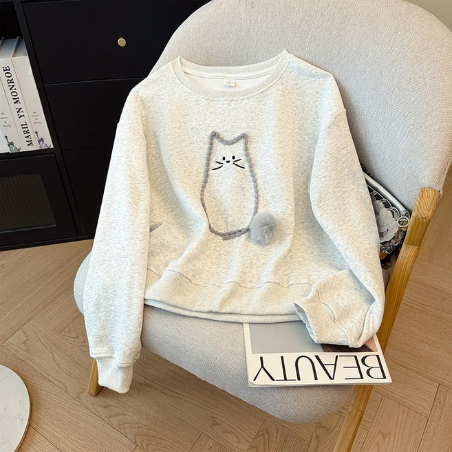 해피유통 여성용 가을 겨울 귀여운 고양이 디자인 긴팔 스웨트 셔츠 데일리