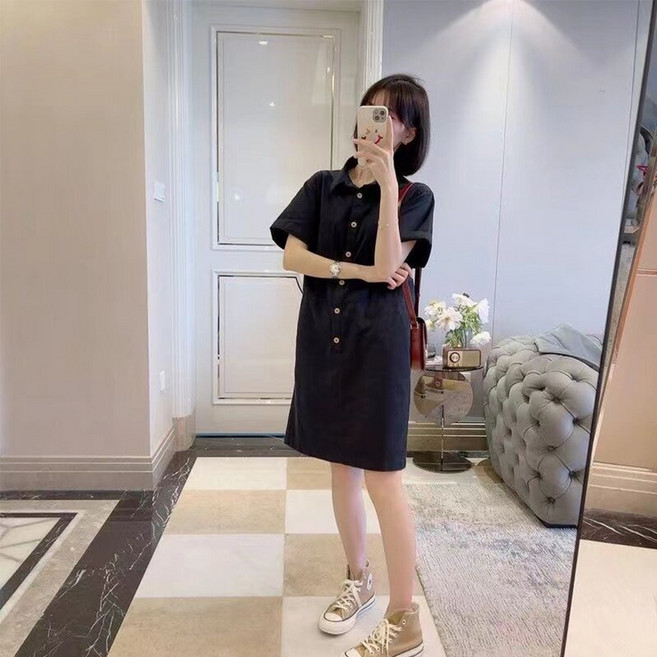 Yumico 여성 여름 셔츠 원피스 카라넥 루즈핏 바스락 면원피스 체형커버 포켓 미디 데일리 출근룩 휴가룩