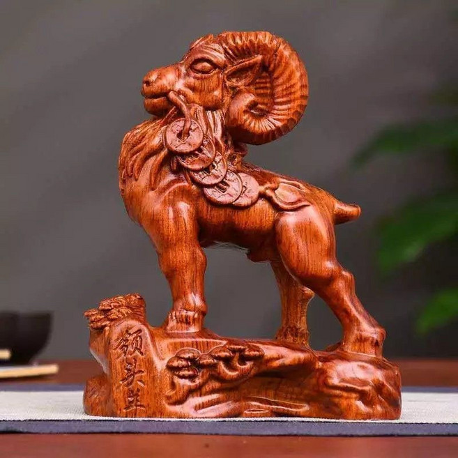 木雕羊招財擺件 花梨領頭羊 實木裝飾禮品, 花梨木雕領頭羊12CM一只