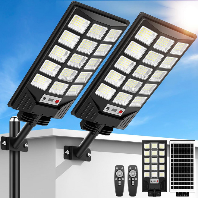 태양광 가로등 야외 방수 30000LM 6500K LED 모션 센서 조명 리모컨이 있는 홍수 황혼에서 새벽까지 주차장 야드용 상업용 2팩, 2-Pack