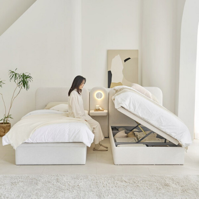 [아씨방] [가구] 라핀스 부부트윈 리프트업 패브릭 호텔식 침대 SS 2개+조명협탁, 색상:아이보리