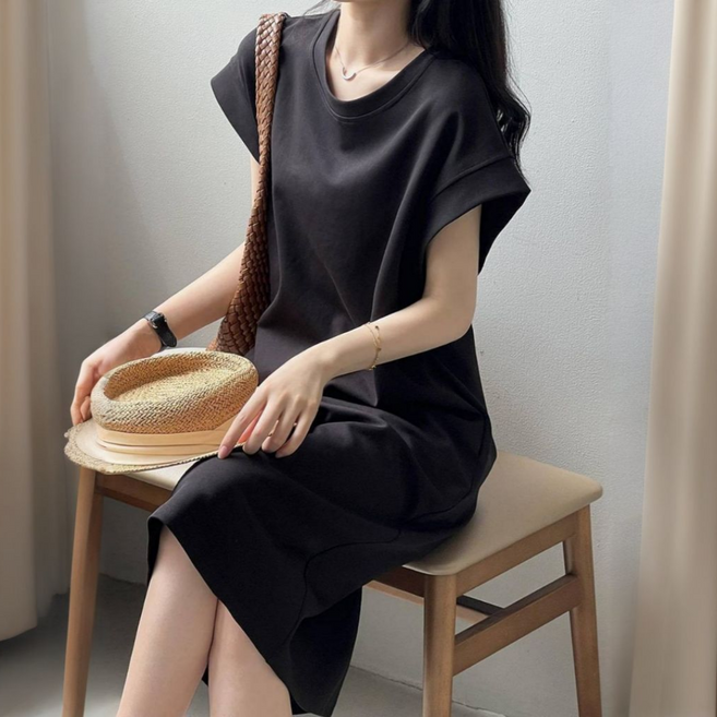 MHJINA 여성 빅사이즈 여름 캡소매 루즈핏 휴향지 홈웨어 등원룩 만능 원피스