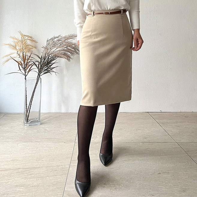 네모엔룩 여성용 폴윈베이직 기본라인 뒷트임 가을 겨울 정장 오피스룩 슬림 h라인 미디 스커트(벨트미포함) NL