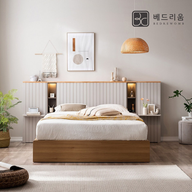 금성침대 베드리움 리디아 LED 원목침대Q+본넬 매트리스, 화이트 그레이