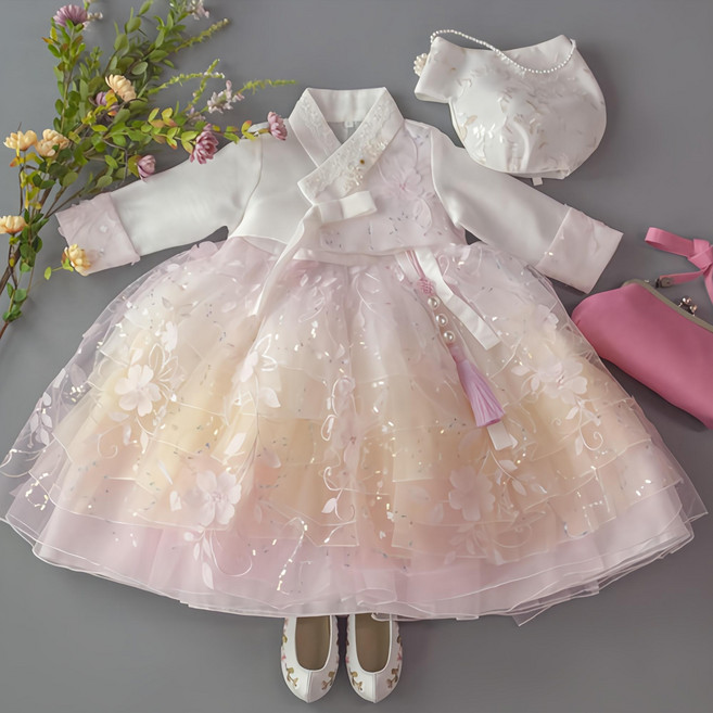 레인보우 여아한복 -분홍꽃잎 (백일~12호)